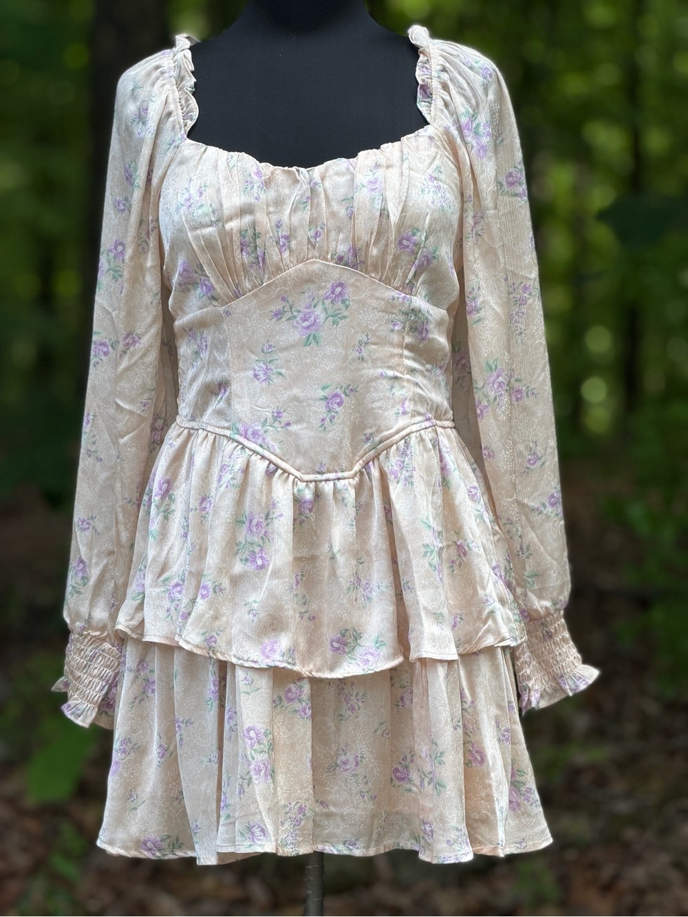 Floral Peplum Tiered Mini Dress in Blush with Lavender Roses